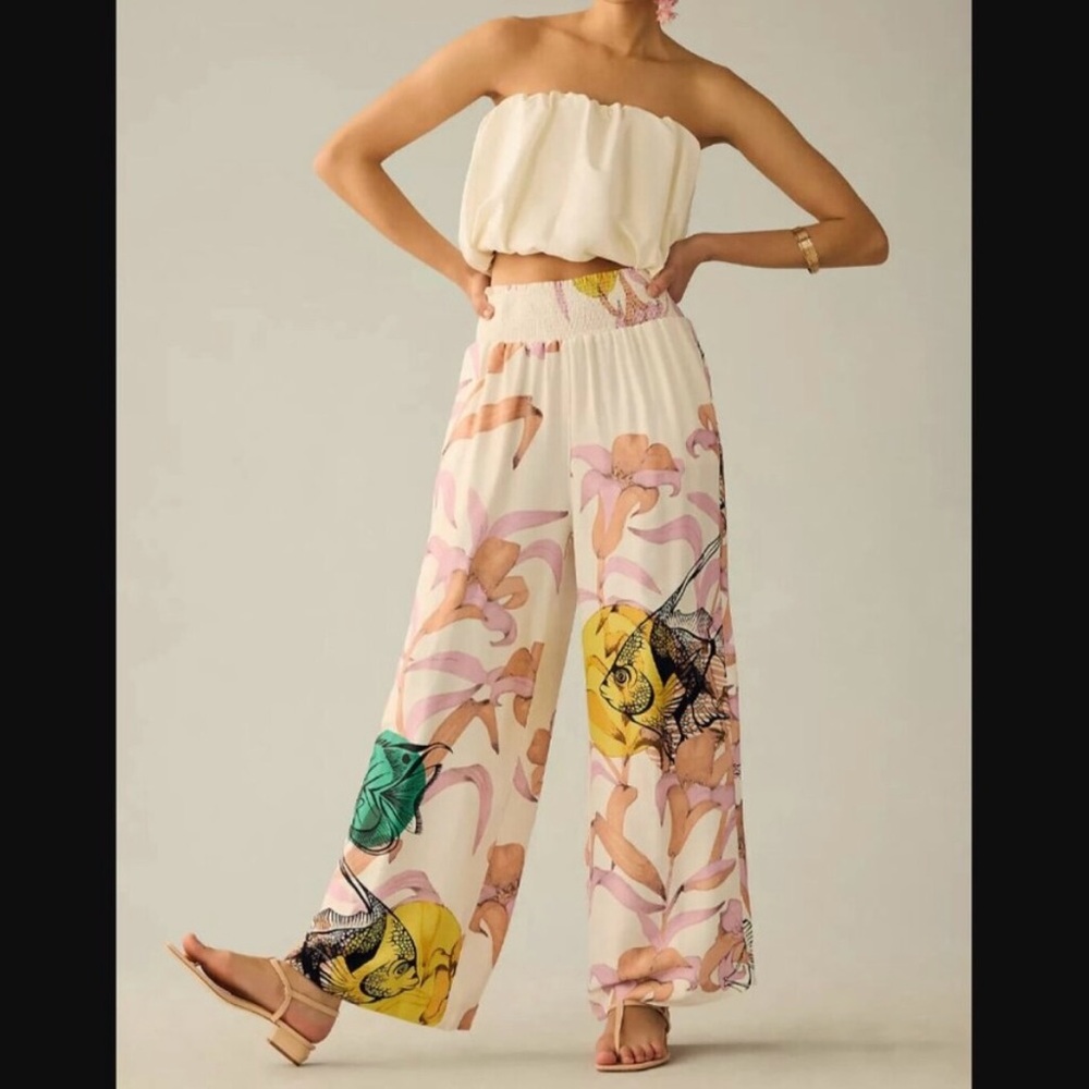 Anthropologie Maeve Pia Binazzi Pants Womens XL Floral Graphic Wide Leg Smocked